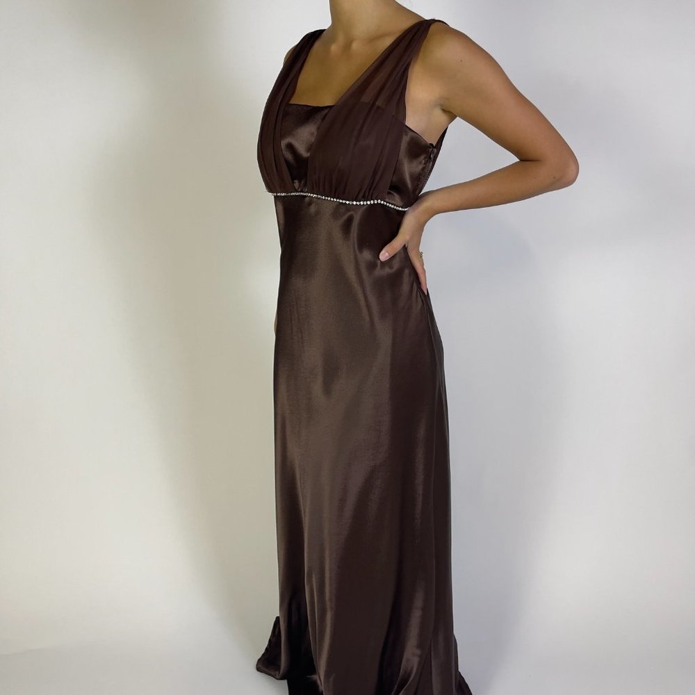 vintage 'Aspeed' silk brown empire formal gown with rhinestone embellishments